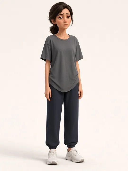 The same character much thinner but tired and frail, clothes hanging loose