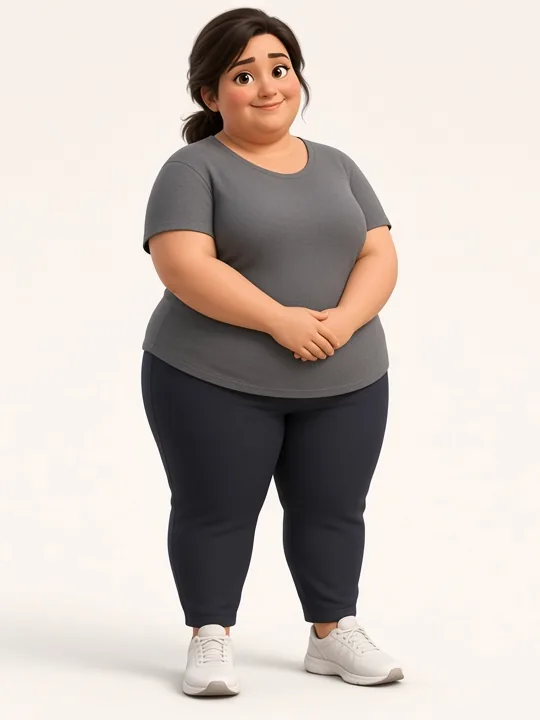 Illustrated character at her starting weight, wearing a grey t-shirt