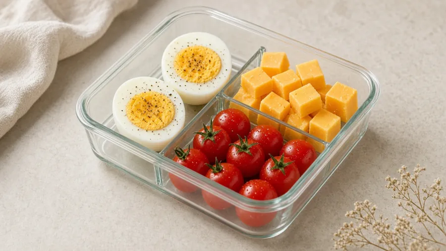 Egg and cheese snack box with cherry tomatoes
