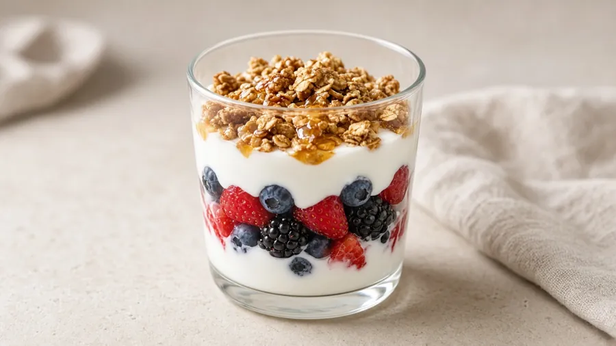 Greek yogurt parfait with berries and granola