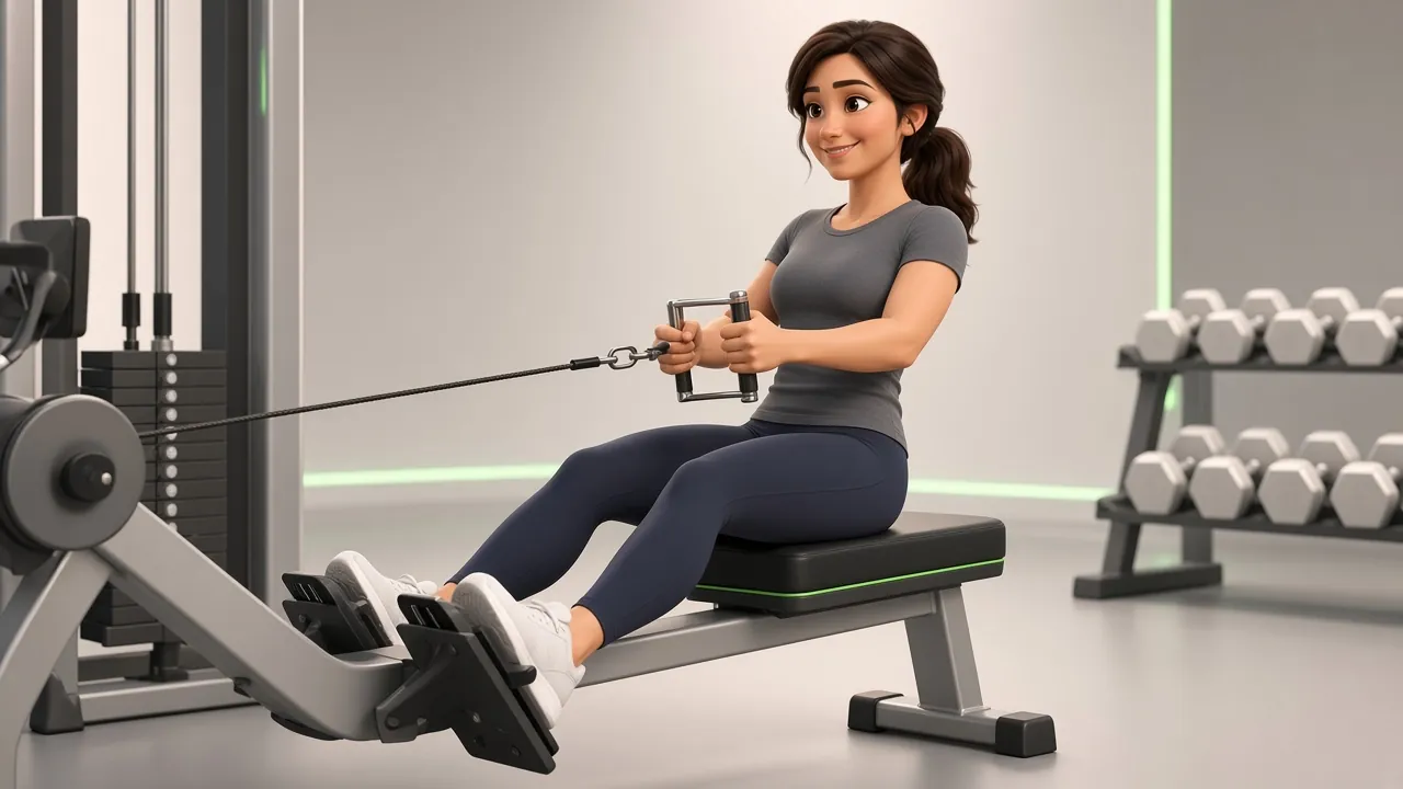 Illustrated character doing a seated cable row in a gym